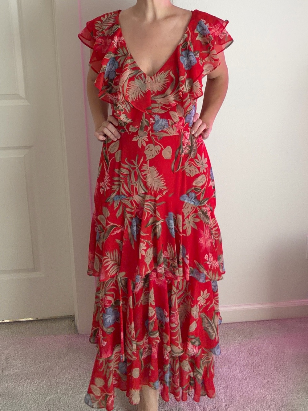Wayf Red Floral Tiered Maxi Dress